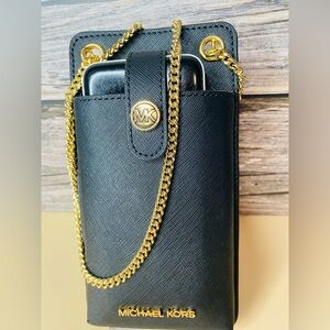 Michael Kors Black Crossbody Smart Phone Holder with Gold Chain and Card Holder